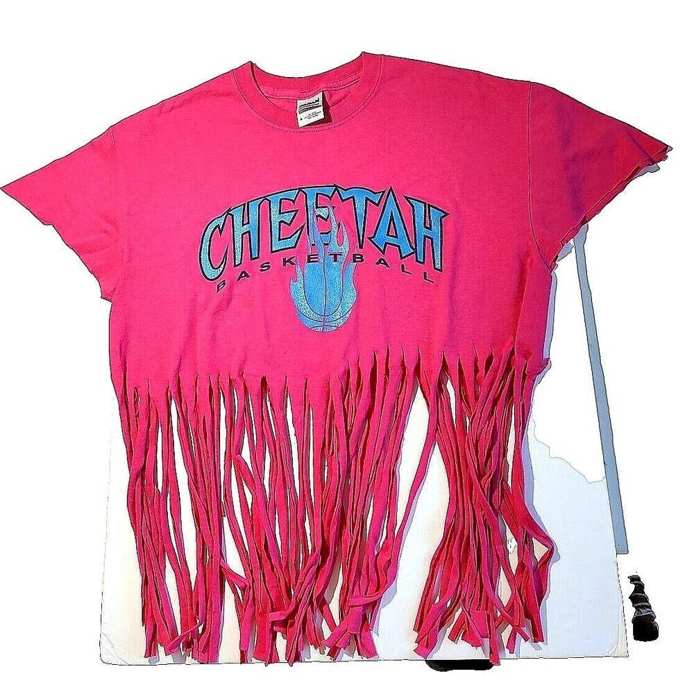 Cheetah basketball Tshirt bright red fringed tee shirt, hippie, M Delta Custom